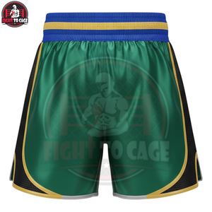 Shorts de boxe en polyester respirant avec logo personnalisé, bordure dorée en satin vert, couleurs personnalisées, OEM/ODM, nouvelle collection automne – Fournisseur de qualité - Product Image 3