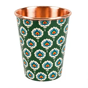 Vaso de Cobre Puro Hecho a Mano con Diseño Floral Verde, Taza de Cobre Ayurvédica Tradicional - Product Image 1
