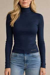 Oneten Apparels <b>Women</b> <b>Navy</b> Long Sleeve Turtleneck <b>Top</b> Casual Solid Knitted Jersey Tee - Product Image 3