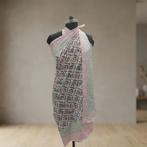 Pink Green Floral Hand Block Printed Cotton <b>Sarong</b> Scarf with Geometric Border Lightweight Beach Wrap Stole for Women - Product Image 4