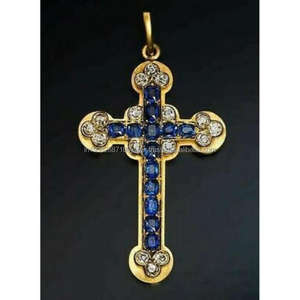 Collier pendentif croix sainte saphir bleu et diamant cultivé en laboratoire antique Pendentifs à breloque plaquée en argent 925 Pendentif HIP HOP - Product Image 1