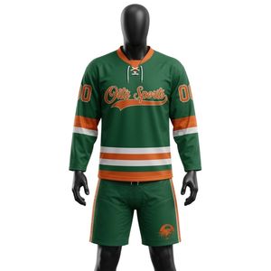 Conjunto de Camiseta y Pantalones Cortos de Hockey sobre Hielo Sublimados en Verde y Naranja para Hombre, Cuello en V, Rayas, Poliéster, Uniforme Deportivo, Ropa de Alto Rendimiento para Partidos - Product Image 1