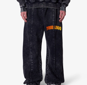 Pantalon de survêtement en velours côtelé noir pour homme, taille élastique, délavé, logo sur la jambe droite, style décontracté, pour l'automne - Product Image 1
