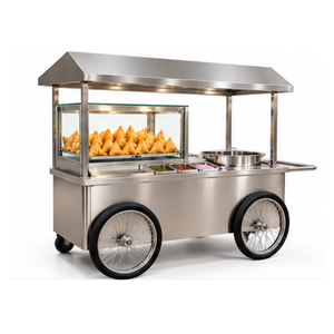 Chariot alimentaire à samosas en acier inoxydable à 3 roues avec vitrine en verre - Product Image 3