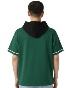 T-shirt à capuche vert personnalisé pour homme à manches courtes avec capuche noire, poche à rayures contrastées, style streetwear décontracté, pull-over, vente en gros OEM - Product Image 2