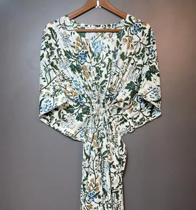 Nuevo Kaftán con Estampado Animal, Cuello en V, Cierre con Cordón, Corte Evase, de Algodón Suave Indio, con Encaje, Largo Completo, para Playa, para Mujer - Product Image 1