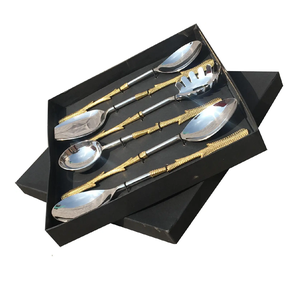 Awesome Brass Dessert Spoon Salad Server Flatware Cutlery <b>Sets</b> Brass Stem Handle Shape Spoon With <b>Black</b> Box - Product Image 1