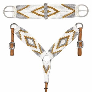 Ensemble de sangle de poitrine et de ceinture de cheval en laine, blanc, gris, beige, motif diamant avec boucles Concho - Product Image 1