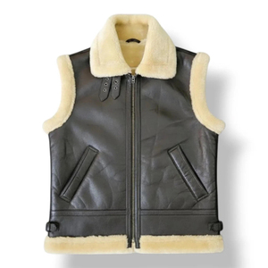 Chaleco de Cuero Genuino para Hombre, Forrado de Sherpa, Cuello Alto, Cierre de Cremallera, Estilo Motero, Ropa de Invierno - Product Image 4