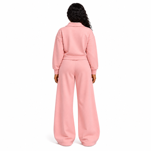 Conjunto de chándal de 2 piezas para mujer: Sudadera corta con cremallera completa y pantalones de chándal de pierna ancha de forro polar, conjunto de descanso, logotipo personalizado, venta al por mayor - Product Image 2