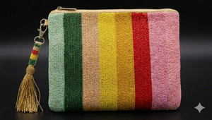 Beaded Stripe Clutch With Wrist Strap Handmade Bohemian Zipper Closure Unisex Coin Purse - Product Image 5