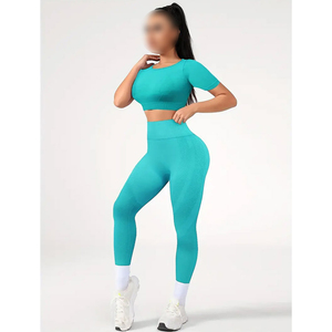 Women High-Elasticity Yoga & Fitness Gym Workout Wear Newest Stretchy Solid Color Breathable Cotton T-Shirt And Leggings Set - Product Image 1