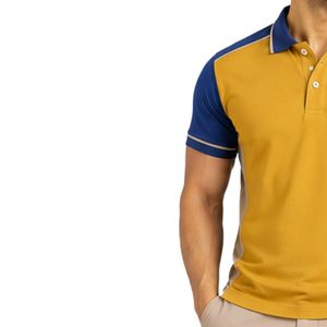 Polo homme jaune moutarde premium avec manches et empiècements d'épaule contrastants bleu roi, logo personnalisé, vêtements de sport, golf, décontracté - Product Image 3
