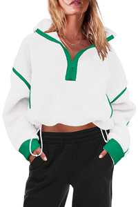 Sudadera con capucha extragrande para mujer, blanca con paneles verdes en contraste, media cremallera, forro polar, manga larga, estilo casual urbano, ecológica - Product Image 5