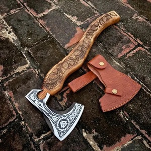 Edge Master Viking Hatchet Engraved Valkyrie Pattern Bearded Carbon Steel Blade Wood <b>Handle</b> Industria <b>Axe</b> Head 18 Handmade - Product Image 6