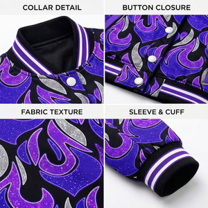 <b>Purple</b> Flame Print Men's Bomber <b>Jacket</b> Turn-down Collar Casual Autumn Wear Regular Fit Polyester Material Women Satin <b>Jackets</b> - Product Image 6