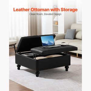 Pouf in Pelle Trapuntata con Contenitore, Tavolino da Caffè Quadrato 34 Pollici, Design con Coperchio Ribaltabile in Pelle PU - Product Image 2