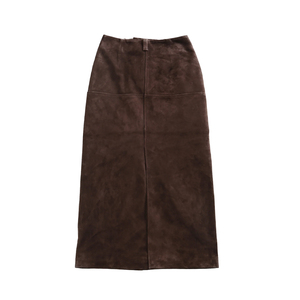 Jupe midi vintage en cuir suédé véritable taille haute pour femme, marron uni, avec fente et ceinture, respirante et écologique, collection automne - Product Image 2