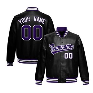 Blouson unisexe en cuir PU noir style denim avec nom et numéro personnalisés, bordure violette, style décontracté, coupe-vent, demi-zip, broderie, idéal pour l'hiver - Product Image 1