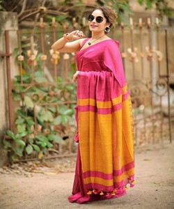 Sari de algodón rosa con borde amarillo y borlas, ropa tradicional india para mujer, estilo casual, para todas las estaciones - Product Image 5