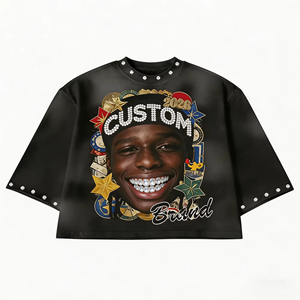 เสื้อยืดผู้ชายทรงบ็อกซี่ แขนเสื้อแบบดรอปโชว์เดอร์ คุณภาพสูง พิมพ์ลาย 3 มิติ ประดับด้วยคริสตัล ล้างสีแบบวินเทจ ผ้าฝ้าย 100% เนื้อหนา - Product Image 1