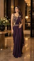 Sari en soie bordeaux élégant avec broderie dorée pour les occasions de mariage, longueur au sol, coupe classique pour femme, provenant d'Inde et du Pakistan