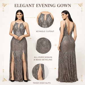 Women's Luxury Sheath Beaded Sequin Embroidery Evening Gown | <b>Spaghetti</b> <b>Strap</b> Halter Neck Formal Party Dress High Slit Prom Fits - Product Image 3