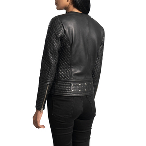 Chaqueta de Motociclista para Mujer, Negra, de Cuero Genuino, Acolchada, con Remaches, Cierre de Cremallera, Cuello Redondo - Product Image 2