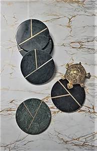 FAIZA CRAFT Solid <b>White</b> Real Marble <b>Coasters</b> with Brass Inlay Non Slip Felt Padded Sealed Modern Luxury Eco-Friendly Set - Product Image 5