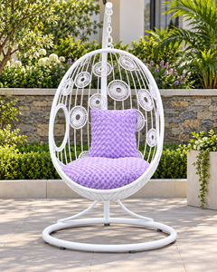<b>White</b> PE Rattan Hanging <b>Egg</b> <b>Chair</b> with Purple Cushion Outdoor Patio Swing Contemporary Design for 1 Person - Product Image 4