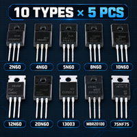 TO-220 Kit Semikonduktor Aneka Ragam 50 Buah 10 Jenis MOSFET NPN Transistor Dioda Schottky dengan Kotak Organizer Komponen Elektronik