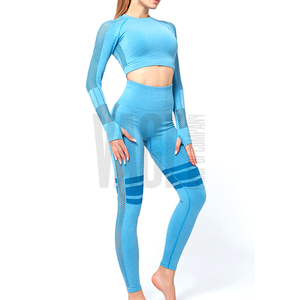 Women Yoga Set Seamless Crop Top High Waist <b>Leggings</b> Two Piece Activewear Blue <b>Mesh</b> Breathable Full Length Workout Fitness Set - Product Image 2