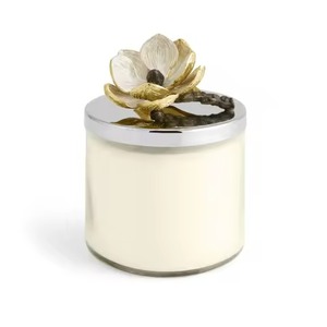 Pot à bougie en verre côtelé avec couvercle en bois naturel, motif floral de cerisier découpé au laser, pour bureau - Product Image 4
