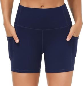 Shorts Deportivos de Cintura Alta para Mujer, Color Sólido, con Bolsillos, Transpirables, de Secado Rápido, Tejido de Punto, Spandex, Poliéster, Corte Regular - Product Image 2
