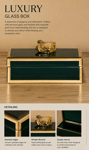 Boîte de rangement pour bijoux en verre vert foncé avec cadre en métal doré, accent en pierre naturelle, finition brillante, organisateur décoratif pour souvenirs - Product Image 5