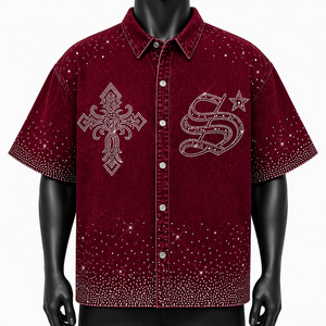 Custom Men Denim Short Sleeve <b>Shirt</b> <b>Y2K</b> Rhinestone Diamond Cross Sparkle Bling Button Down Oversized Hip Hop Streetwear Top Jean - Product Image 4