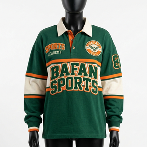 T-shirt de rugby pour femme en coton et polyester, jersey épais, vert et blanc, avec logo en twill sur la poitrine - Product Image 1