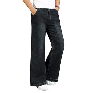 Pantalones Vaqueros Negros de Mezclilla Pesada con Lavado Ácido para Hombre, Nuevo Diseño, Corte Acampanado, Cintura Media, Cierre Elástico - Product Image 2