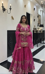 Women's Heavy Sindoor Silk Sharara Palazzo Dress Set with Full Sleeve Embroidered <b>Top</b> <b>Sequin</b> Work Butterfly Net Dupatta - Product Image 6