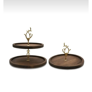 Luxurious <b>3</b>-<b>Tier</b> Wooden <b>Cake</b> <b>Stand</b> With Gold Branch Accent Elegant Walnut Finish Dessert Display For Weddings & Home Decoration - Product Image 3