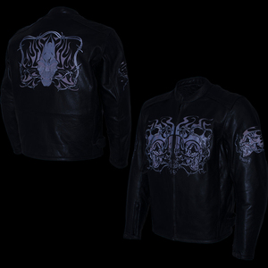 Chaqueta de Cuero Negra para Hombre, Estilo Motero, con Estampado Gráfico de Calavera Gótica, Diseños Bordados en las Mangas, Cuello Alto, Cierre Frontal Completo - Product Image 6