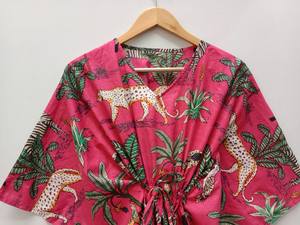 Vestido Kaftán de Algodón 100% con Estampado de Selva, Hecho a Mano en India, Ropa de Playa de Verano, Estilo Bohemio, Corte A, Talla Grande, Largo hasta la Rodilla - Product Image 3