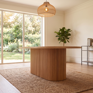 Table à manger ovale moderne en bois massif, table sur piétement cannelé, mobilier minimaliste Japandi pour la maison et les restaurants - Product Image 6