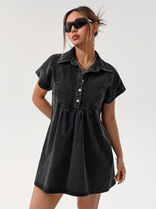 Recommandation de blogueur : Chemise poupée à col noir-gris, petite taille, boutonnée, unie, décontractée, style vintage, manches courtes, 100% coton - Product Image 2