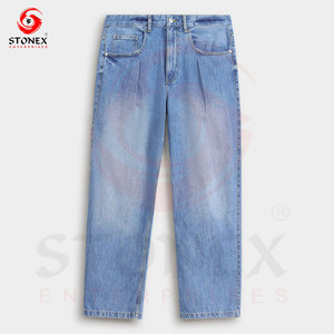 Jean en denim bleu clair coupe droite pour homme, classique, cinq poches, décontracté, en coton délavé, vente en gros personnalisée - Product Image 4