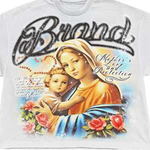 T-shirt blanc à manches courtes pour homme avec imprimé Vierge Marie et enfant, coupe classique, col roulé, logo formel sur le devant, 100 % coton - Product Image 5