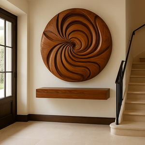 Sculpture murale ronde en bois sculptée à la main, relief ondulé, art mural moderne, décoration organique, art mural en bois sculpté à la main, sculpture abstraite - Product Image 5