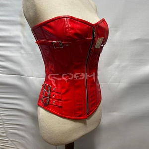 Corset rouge en cuir à baleines en acier, avec fermeture éclair avant et bretelles réglables - Product Image 3