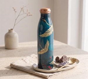 Botella de agua de cobre con diseño floral de pavo real, frasco de peso equilibrado, portátil para viajes, con tapa - Product Image 6