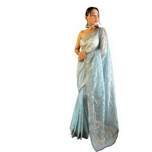 Exclusivo Saree Nuevo de Diseñador, Tela Twill Pesada sin Coser, Cómodo, Estilo Indio para Fiesta, con Estampado Digital y Bordado - Product Image 1